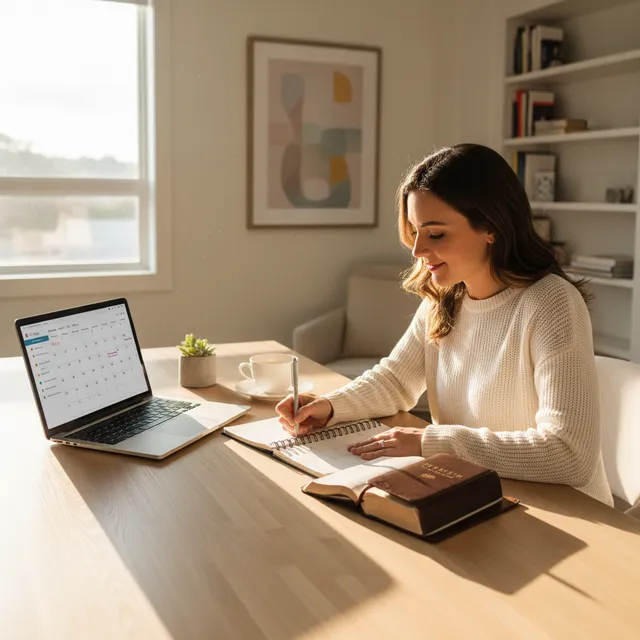 Professional person organizing schedule with Bible and planner, redeeming time