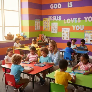 Children in Sunday School classroom playing Bible trivia game