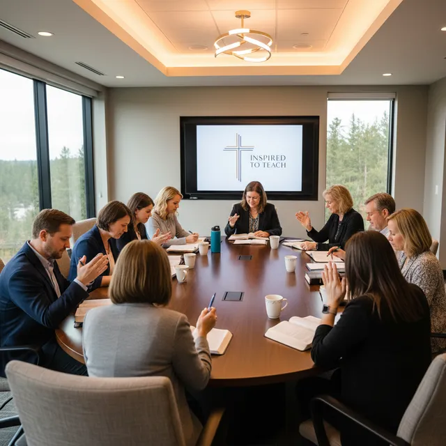 Group of teachers at Christian educator conference studying Bible together in retreat setting