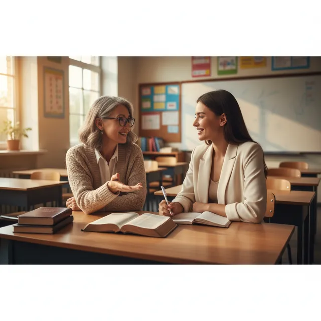 Experienced teacher mentoring younger teacher with Bible open between them in classroom