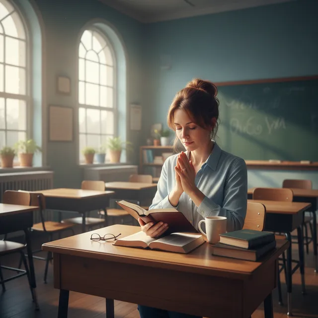 Teacher sitting at classroom desk early morning reading Bible and praying before students arrive
