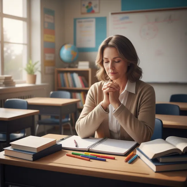 Teacher praying quietly at desk during planning period with hands folded over gradebook