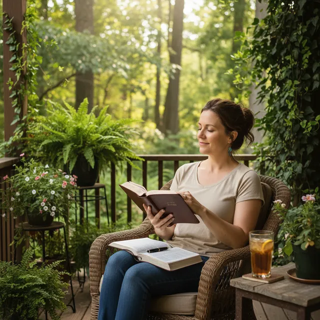 Teacher reading Bible outdoors during summer break relaxing on porch with journal