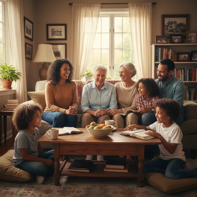 Three generations of a family gathered together for Bible study, grandparents, parents, and children sharing faith