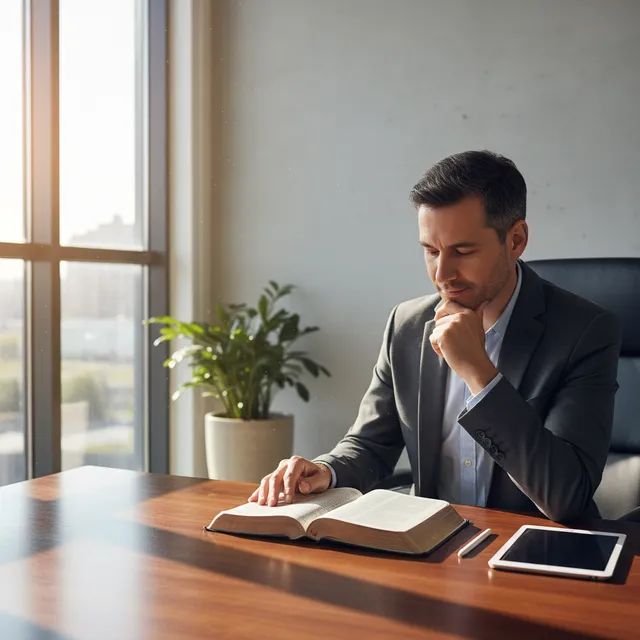 Professional person in thoughtful pose with Bible open making an important decision