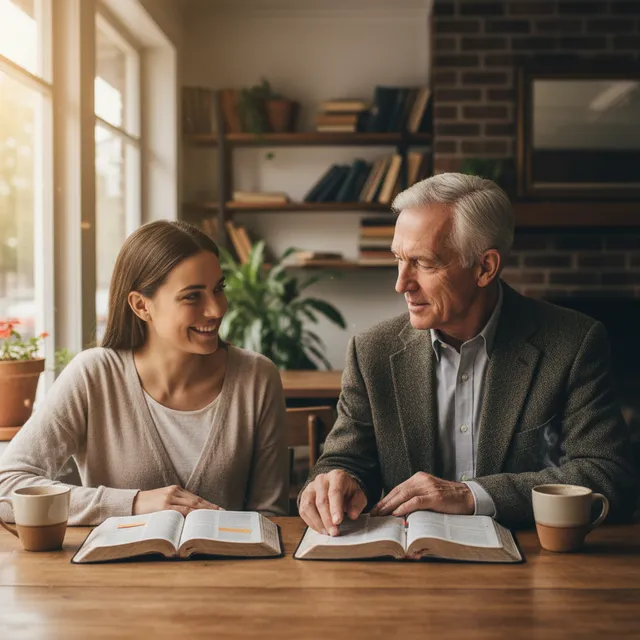 Older mentor meeting with younger person with Bibles open sharing wisdom
