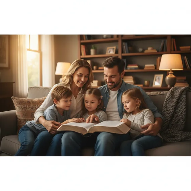 Parents reading Bible together with children during family devotional time