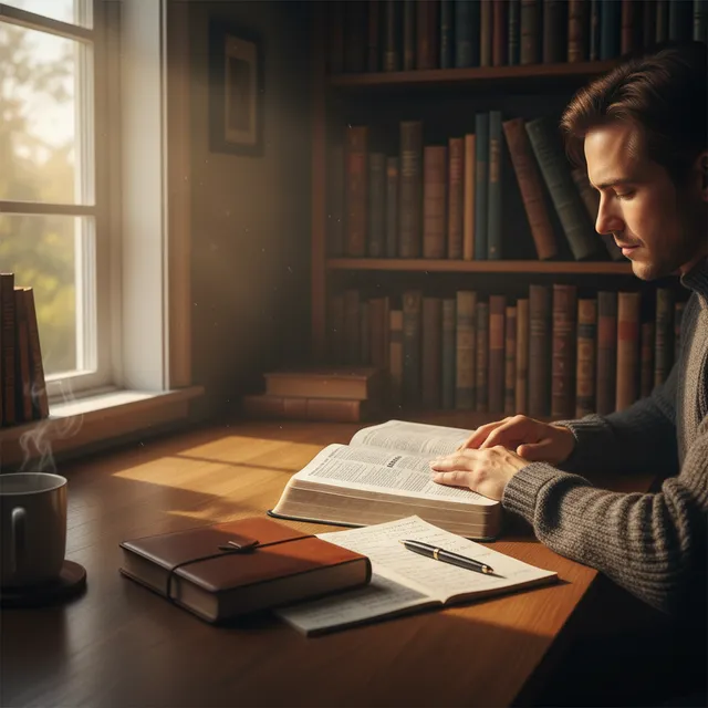 Person studying Bible about wisdom at desk with Proverbs open and journal with notes