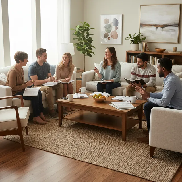 Diverse small group of adults in modern living room studying Proverbs together