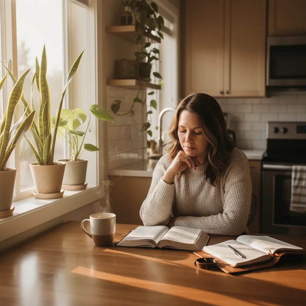 Woman having morning devotional time with Bible open and coffee cup in sunlit kitchen nook