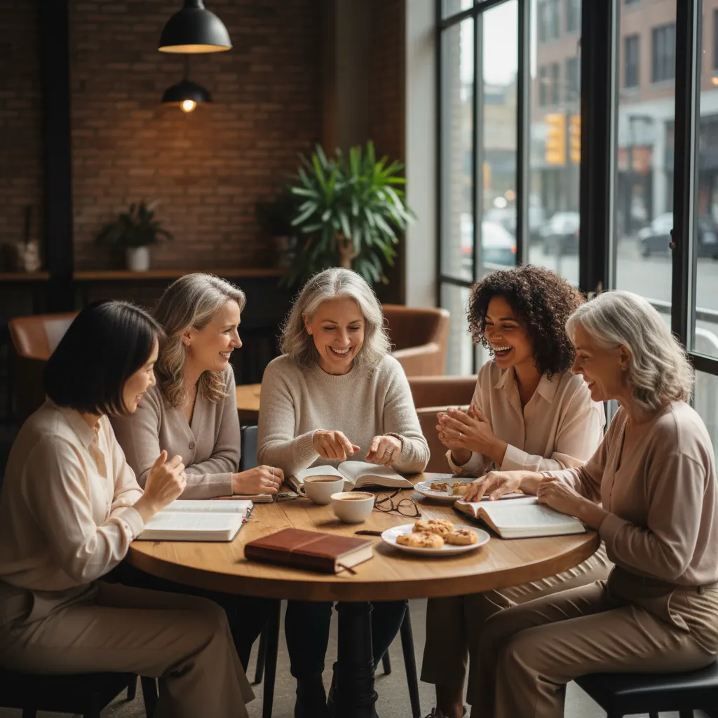 Diverse group of women in their 30s to 60s gathered around a wooden table in a coffee shop for Bible study, with open Bibles, journals, and coffee cups, showing genuine friendship and spiritual connection