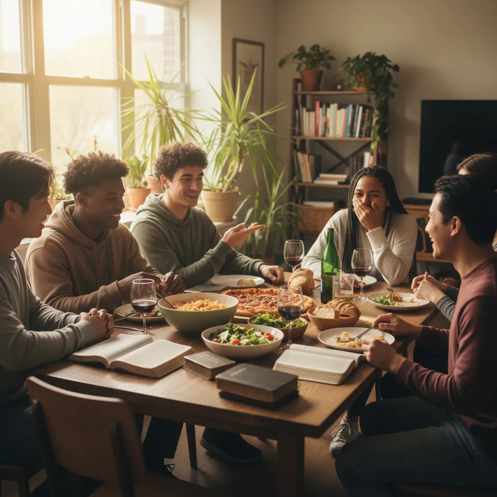 Young adults in their 20s and 30s sharing a meal together with Bibles on the table, multi-ethnic group in an apartment setting with genuine laughter and conversation showing authentic community