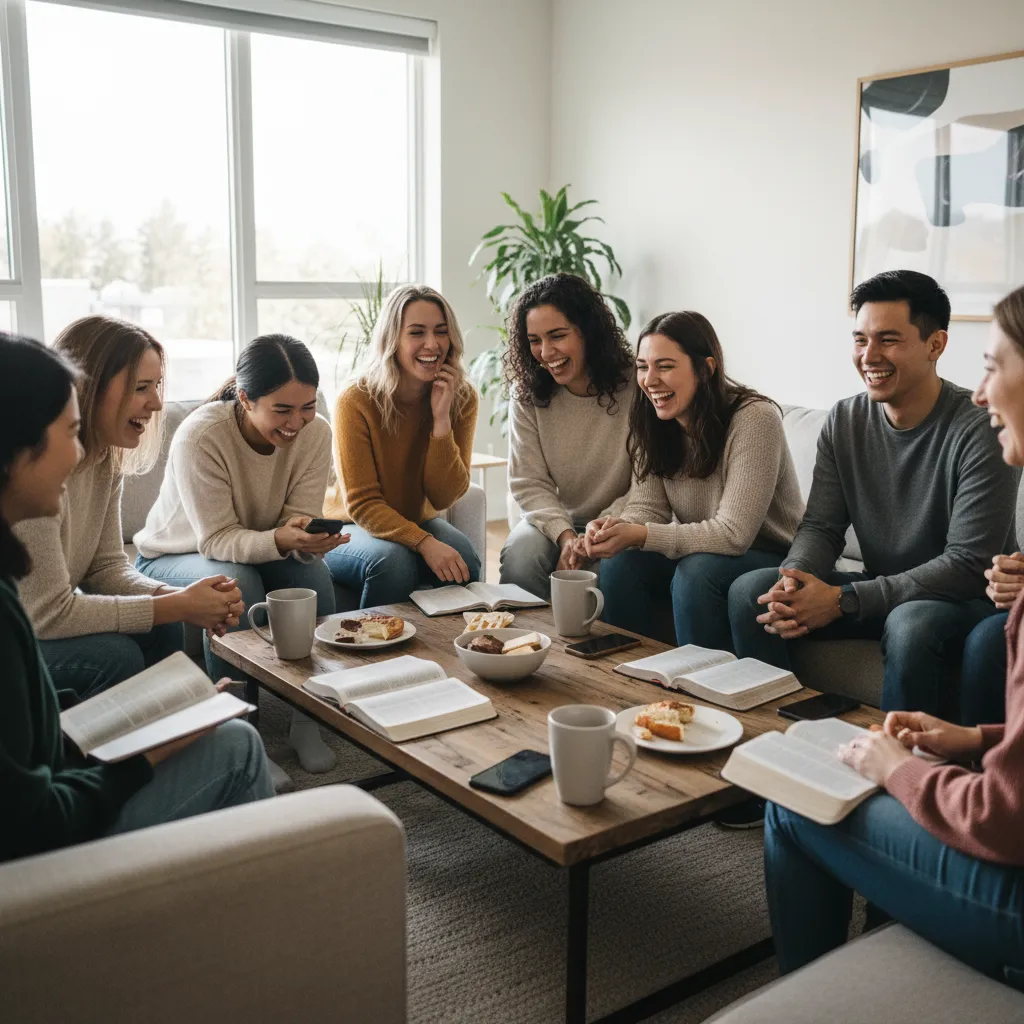 Diverse group of young adults gathered in a modern coffee shop for Bible study, with open Bibles, smartphones with Bible apps, and coffee cups in a warm, engaging community atmosphere