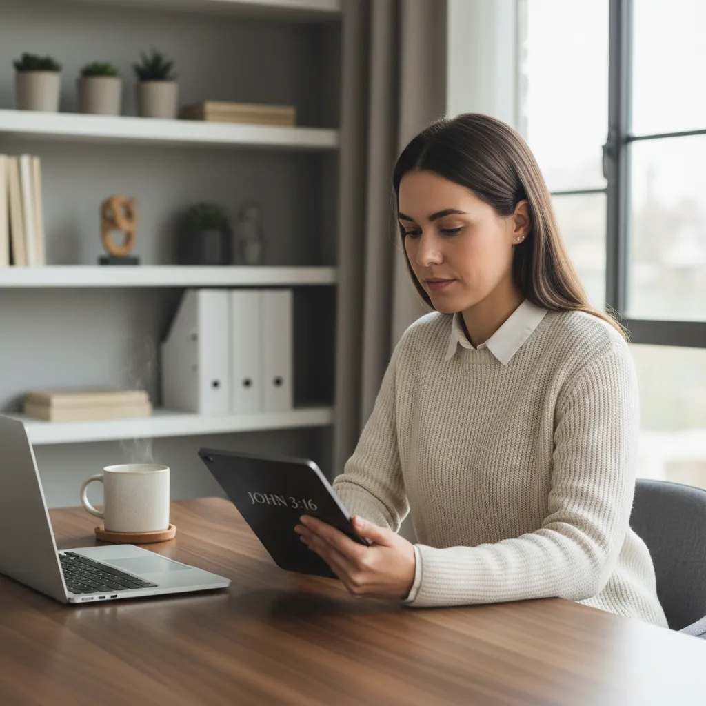 Young professional in their late 20s taking a break for Bible study in a modern home office, with Bible and tablet visible alongside closed laptop, natural window lighting creating a calm focused atmosphere